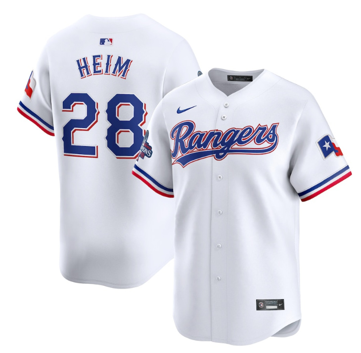 Men's Texas Rangers #28 Jonah Heim White 2023 World Series Champions Stitched Baseball Jersey
